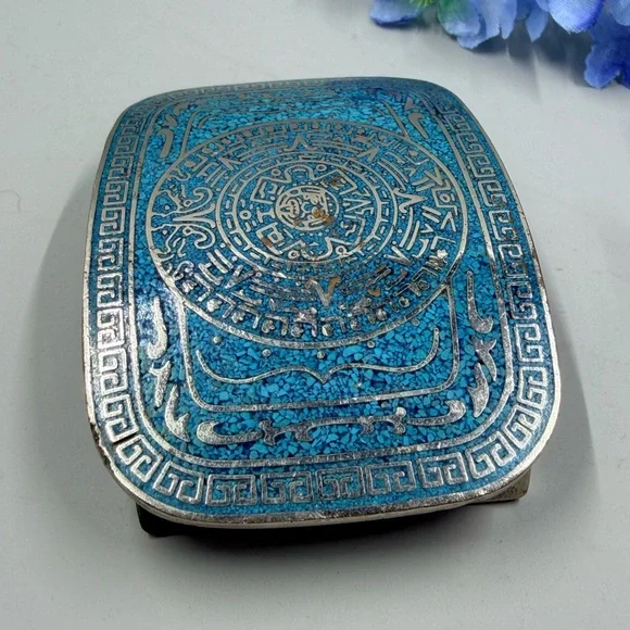 Taxco Signed Turquoise Stone Chip Vintage Belt Buckle - Picture 6 of 10